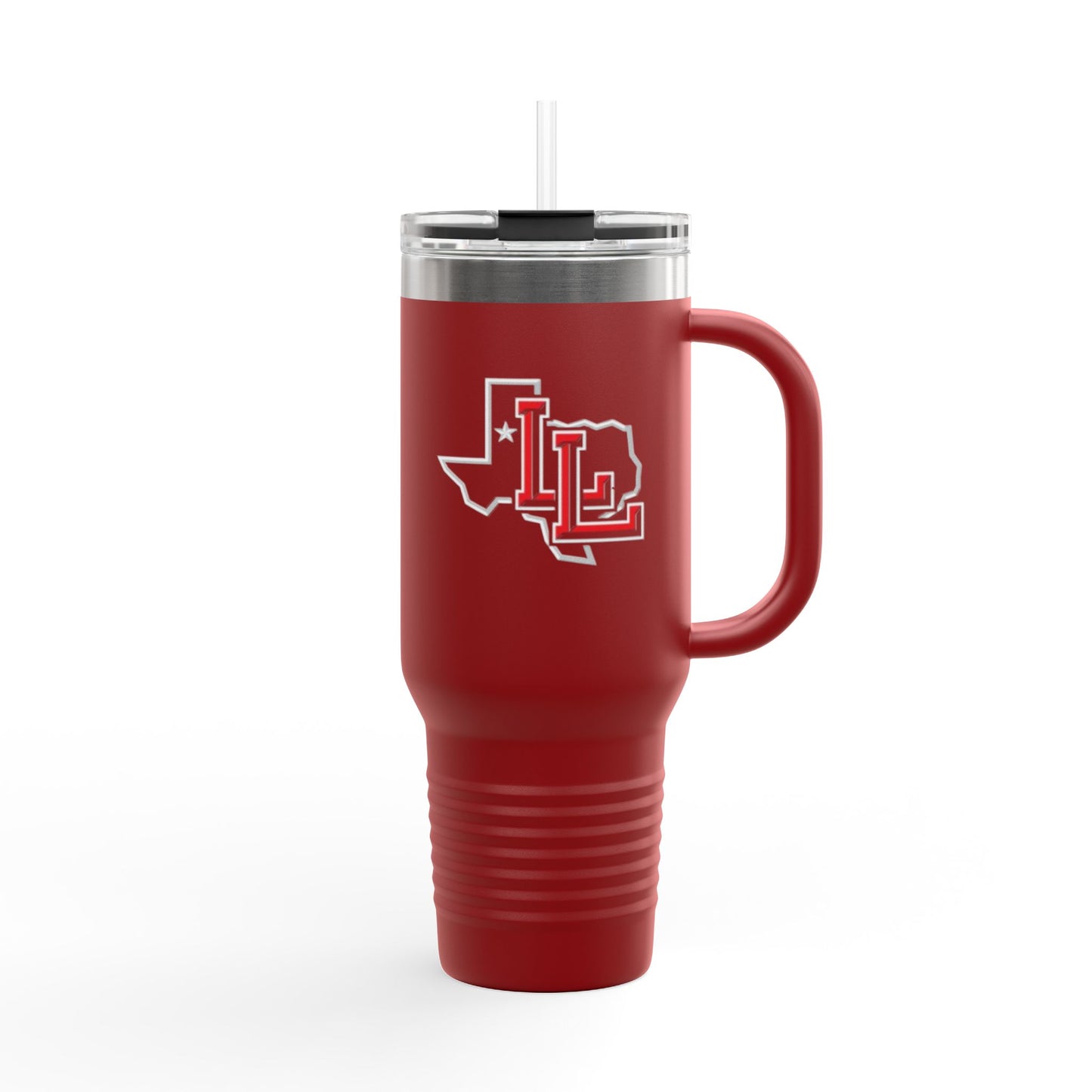 Levelland Lobos 40oz Insulated Travel Mug — Red Texas Initials Tumbler (With Handle & Straw)