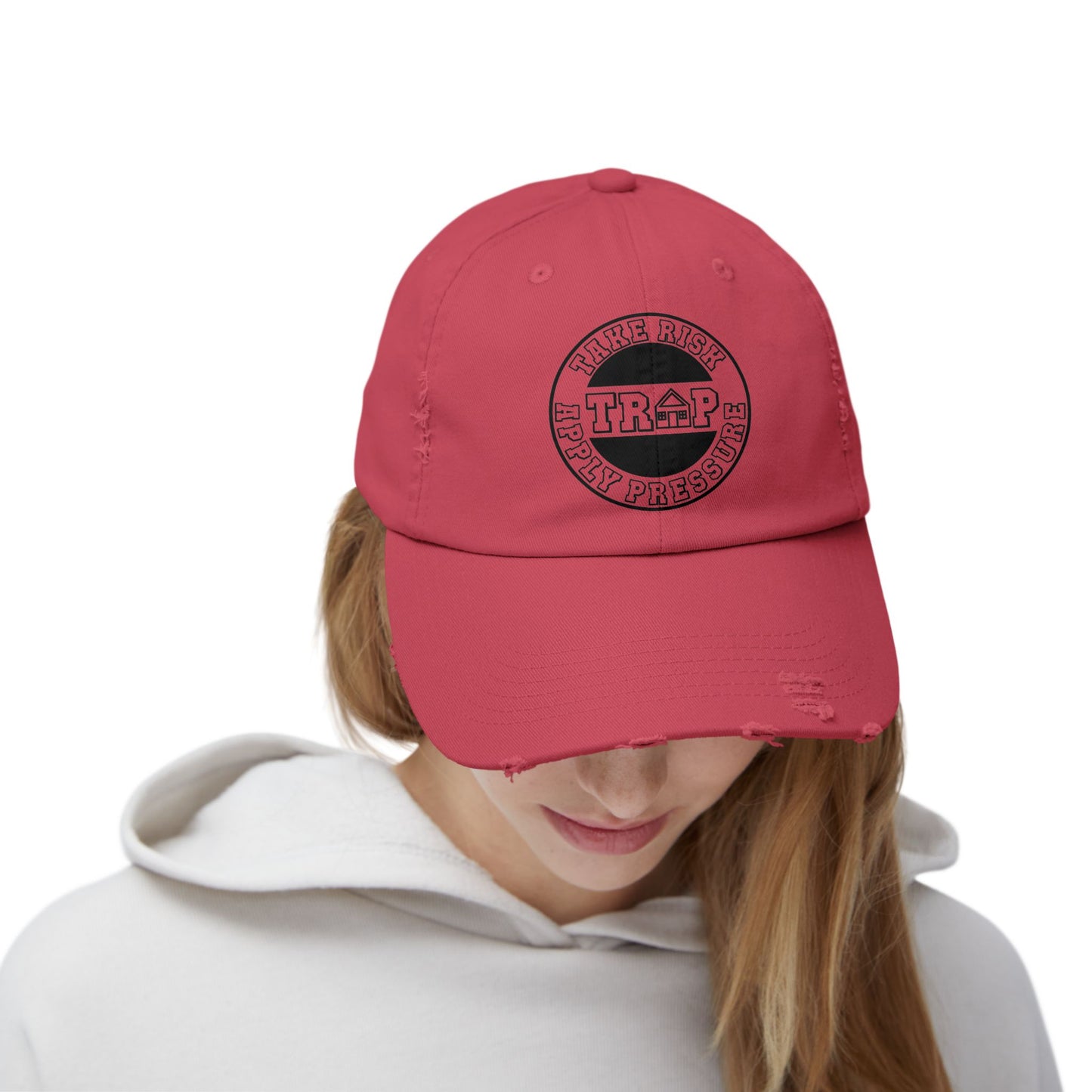 Distressed Black Dad Cap — Subtle 'Trap' Stamp Logo