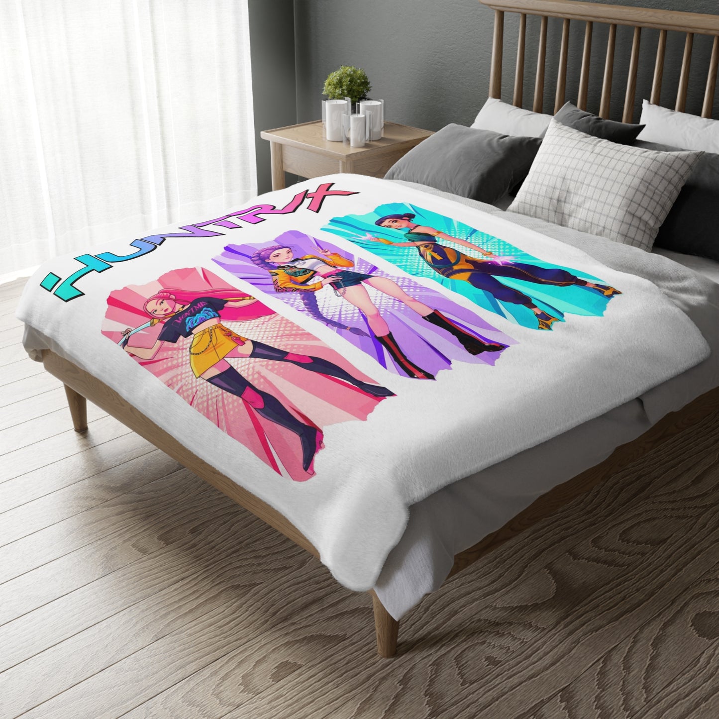Velveteen Microfiber Blanket — HUNTRX K-Pop Style Character Art Throw