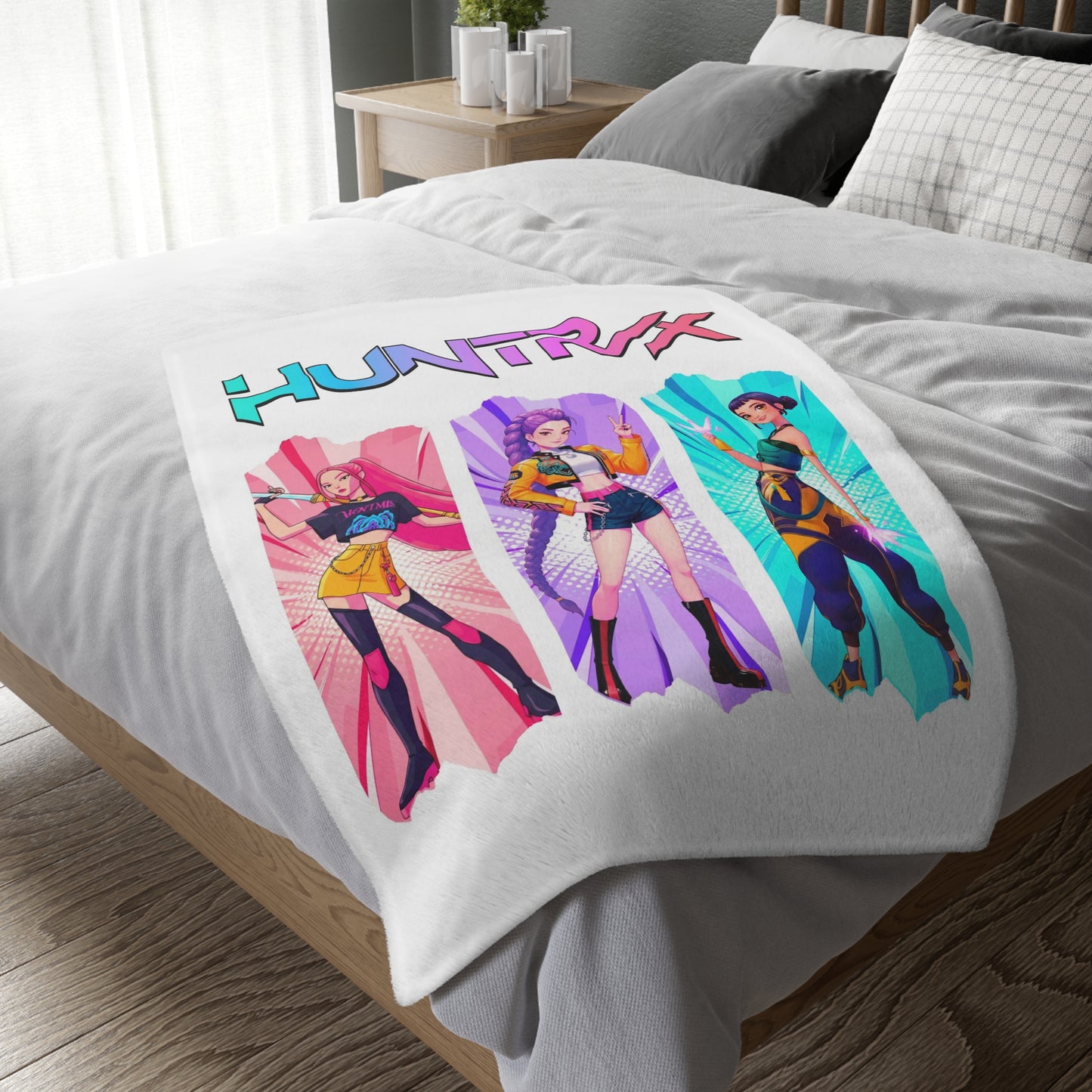 Velveteen Microfiber Blanket — HUNTRX K-Pop Style Character Art Throw