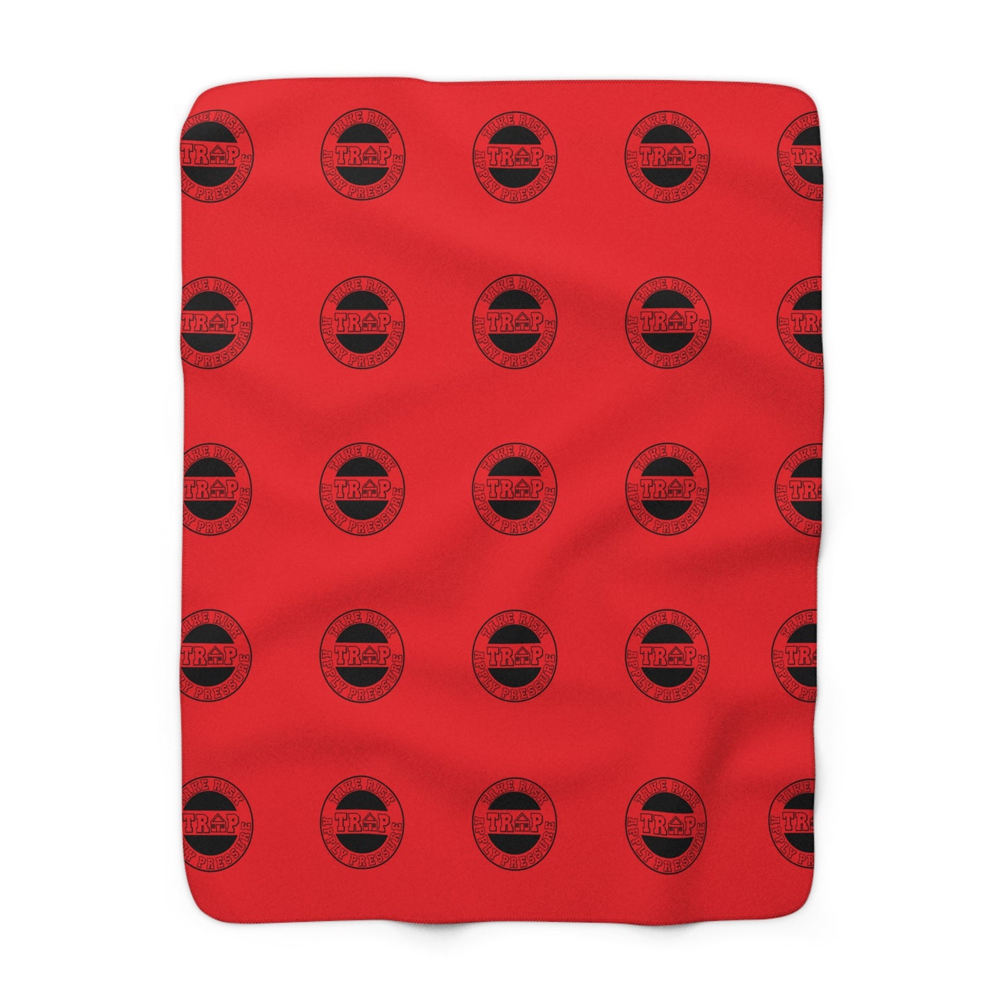 Sherpa Fleece Blanket - Red Patterned Cozy Throw with Black Emblem Motif