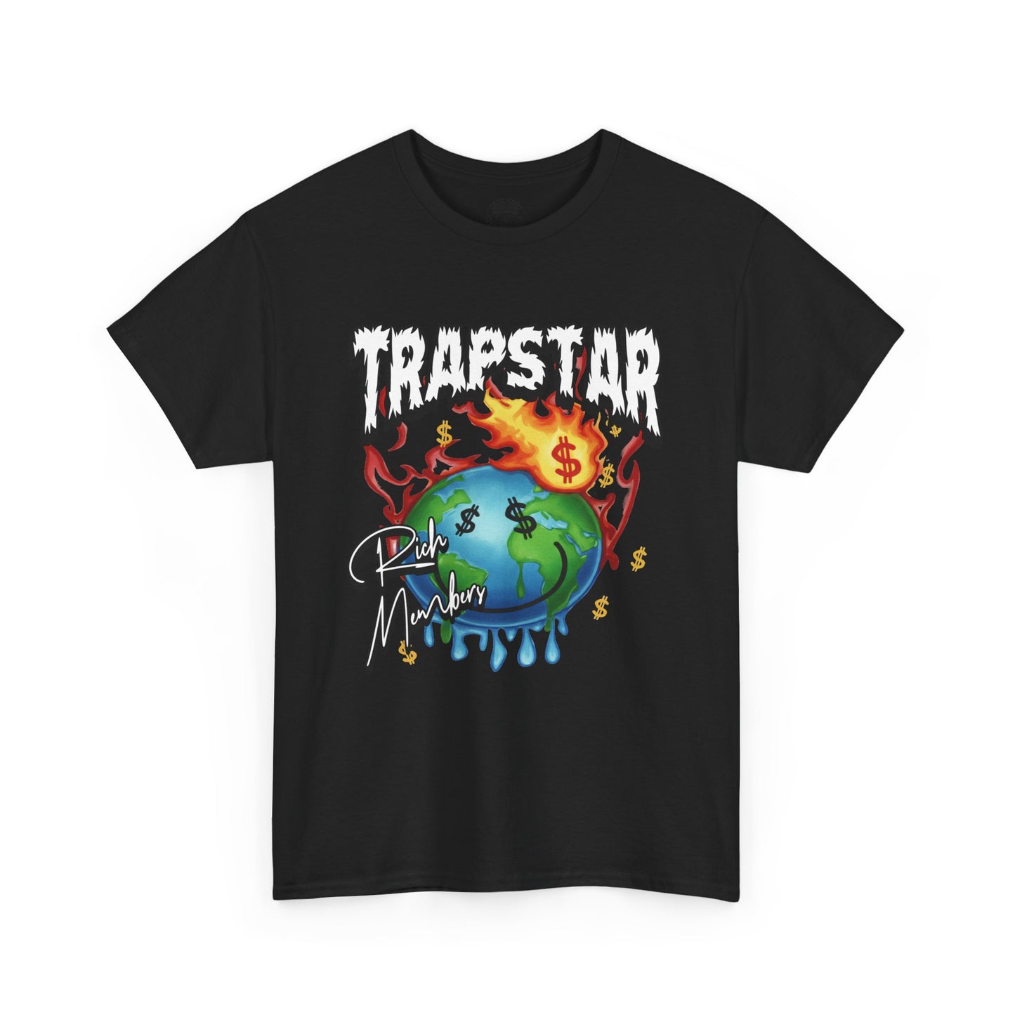 Trapstar "World Full of Money" Graphic Tee — Streetwear Earth & Flame Design