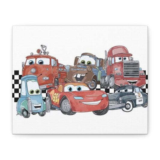 Kids Racing Cars Canvas Wall Art — Lightning McQueen & Friends Stretched Matte Print
