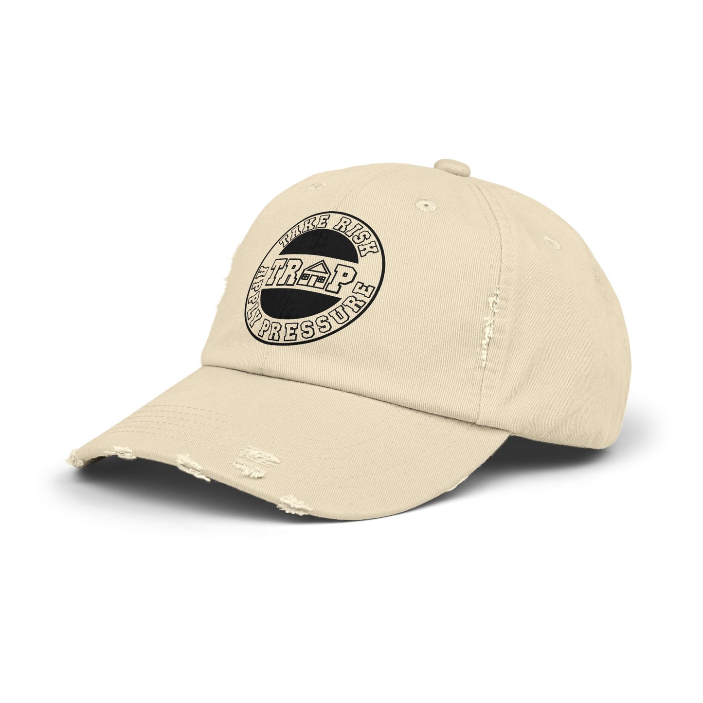 Distressed Black Dad Cap — Subtle 'Trap' Stamp Logo
