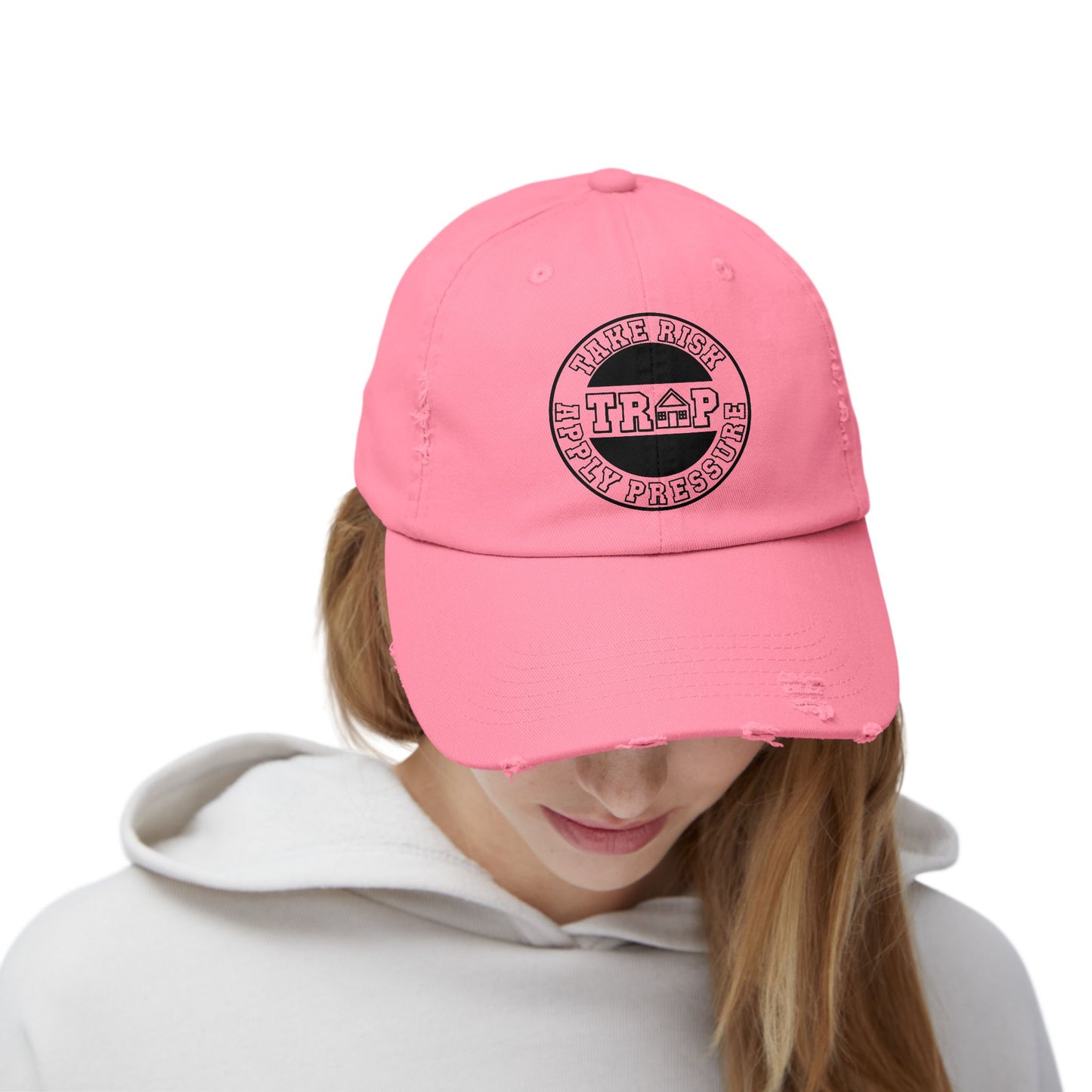 Distressed Black Dad Cap — Subtle 'Trap' Stamp Logo