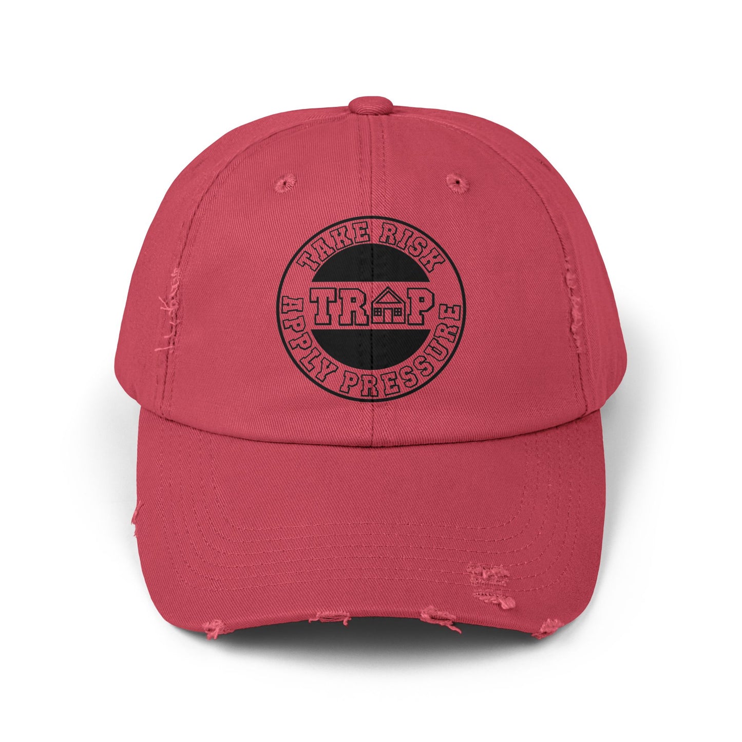 Distressed Black Dad Cap — Subtle 'Trap' Stamp Logo