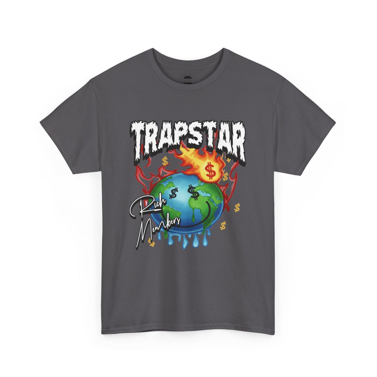 Trapstar "World Full of Money" Graphic Tee — Streetwear Earth & Flame Design