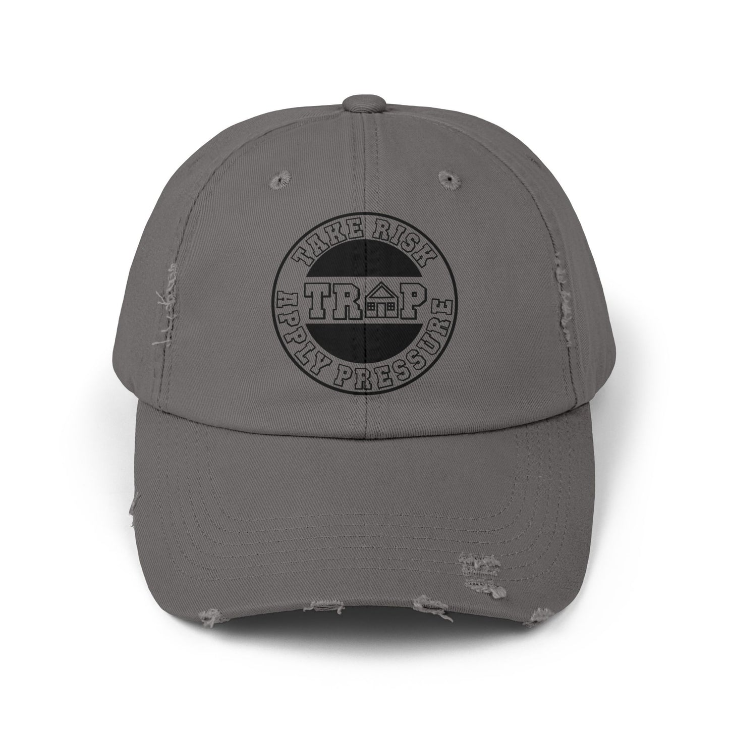 Distressed Black Dad Cap — Subtle 'Trap' Stamp Logo