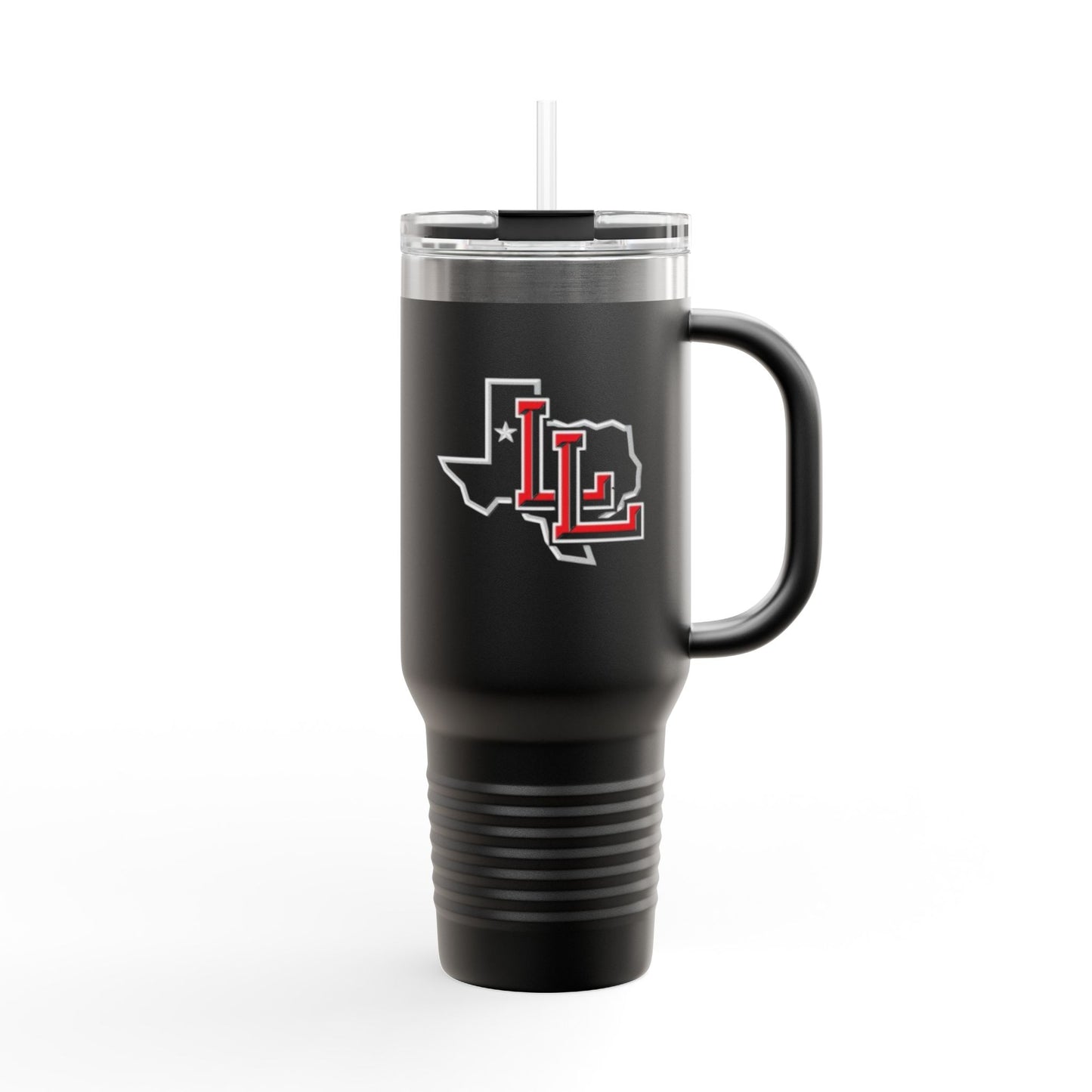 Levelland Lobos 40oz Insulated Travel Mug — Red Texas Initials Tumbler (With Handle & Straw)