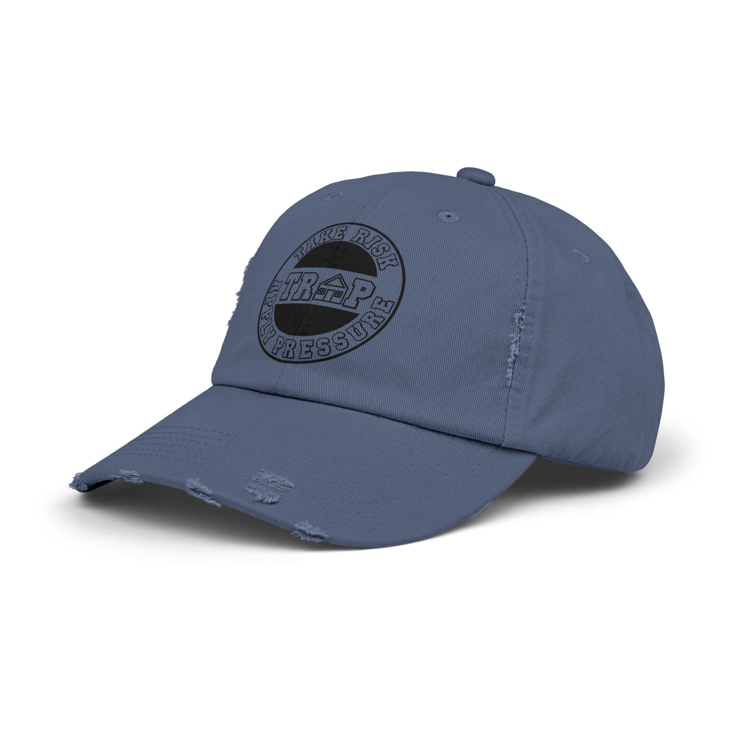 Distressed Black Dad Cap — Subtle 'Trap' Stamp Logo
