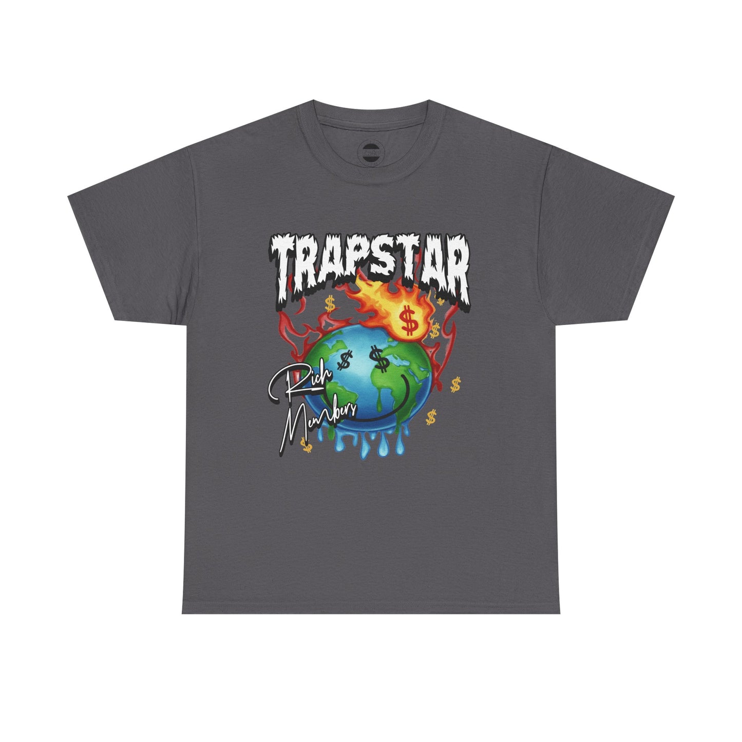 Trapstar "World Full of Money" Graphic Tee — Streetwear Earth & Flame Design