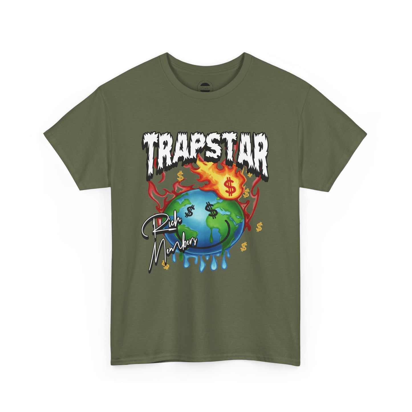 Trapstar "World Full of Money" Graphic Tee — Streetwear Earth & Flame Design