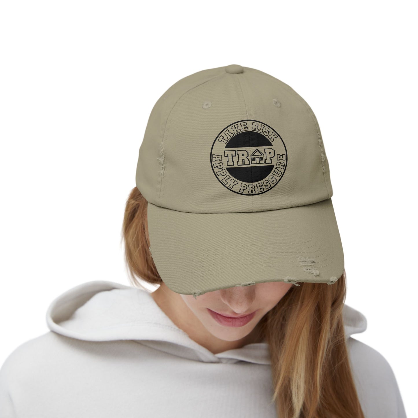 Distressed Black Dad Cap — Subtle 'Trap' Stamp Logo