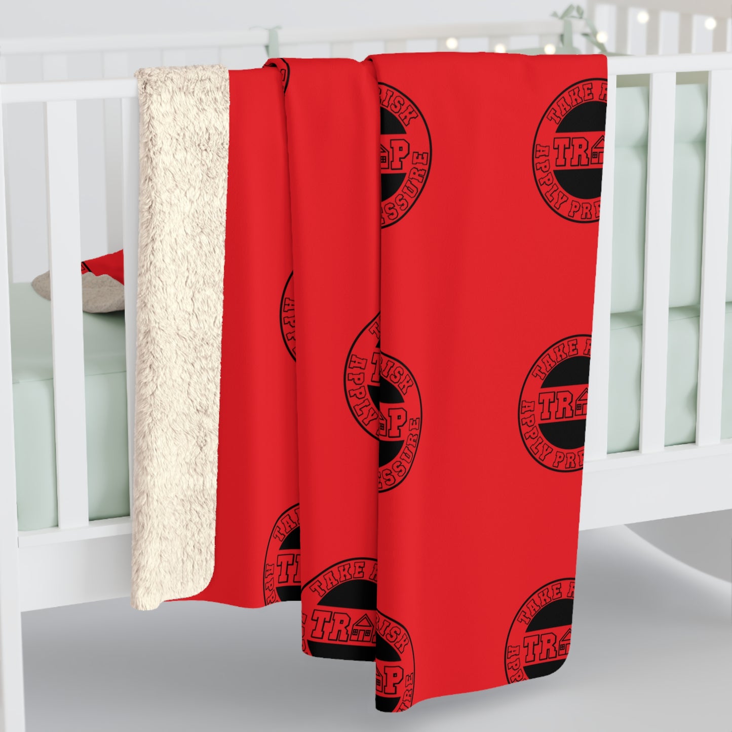 Sherpa Fleece Blanket - Red Patterned Cozy Throw with Black Emblem Motif