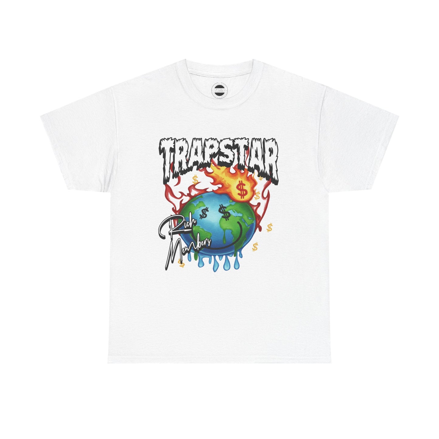 Trapstar "World Full of Money" Graphic Tee — Streetwear Earth & Flame Design