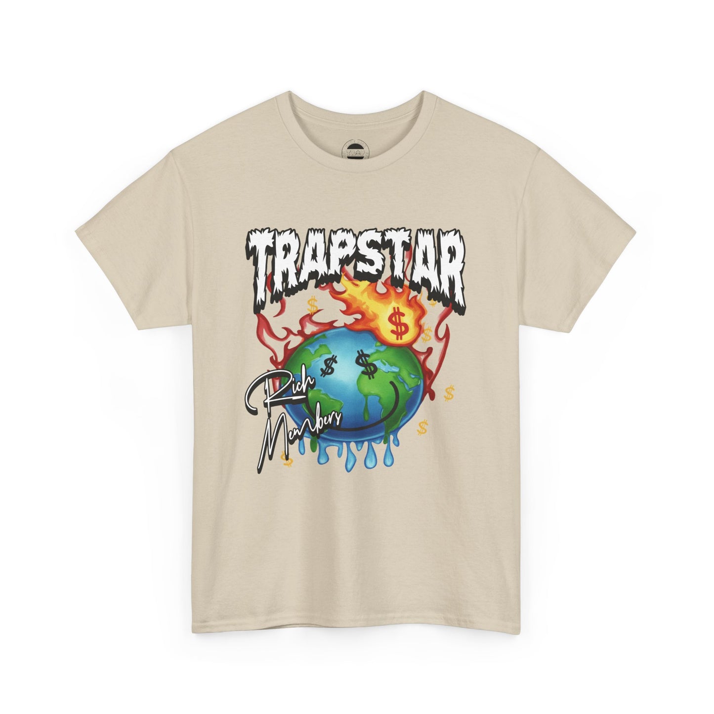 Trapstar "World Full of Money" Graphic Tee — Streetwear Earth & Flame Design