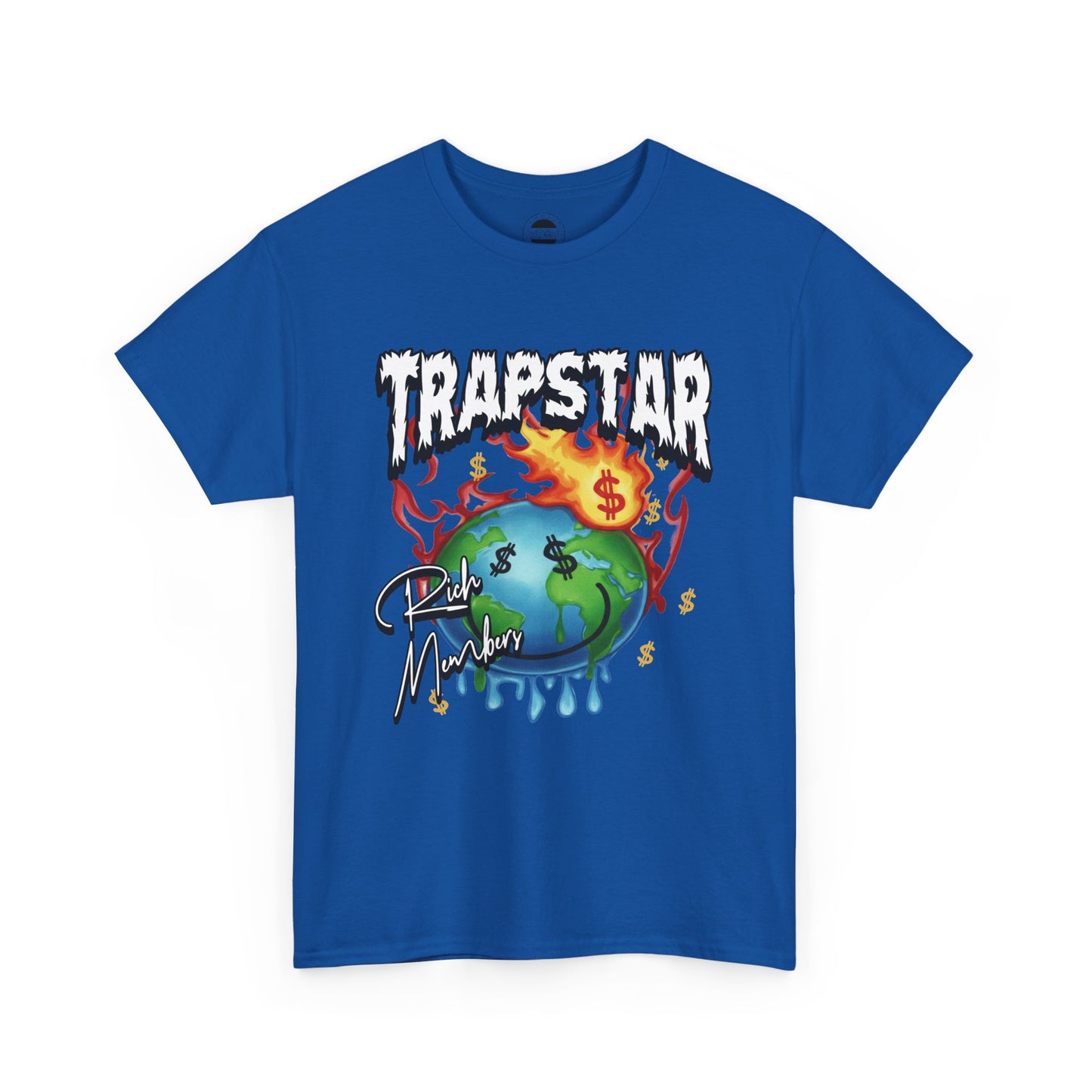 Trapstar "World Full of Money" Graphic Tee — Streetwear Earth & Flame Design