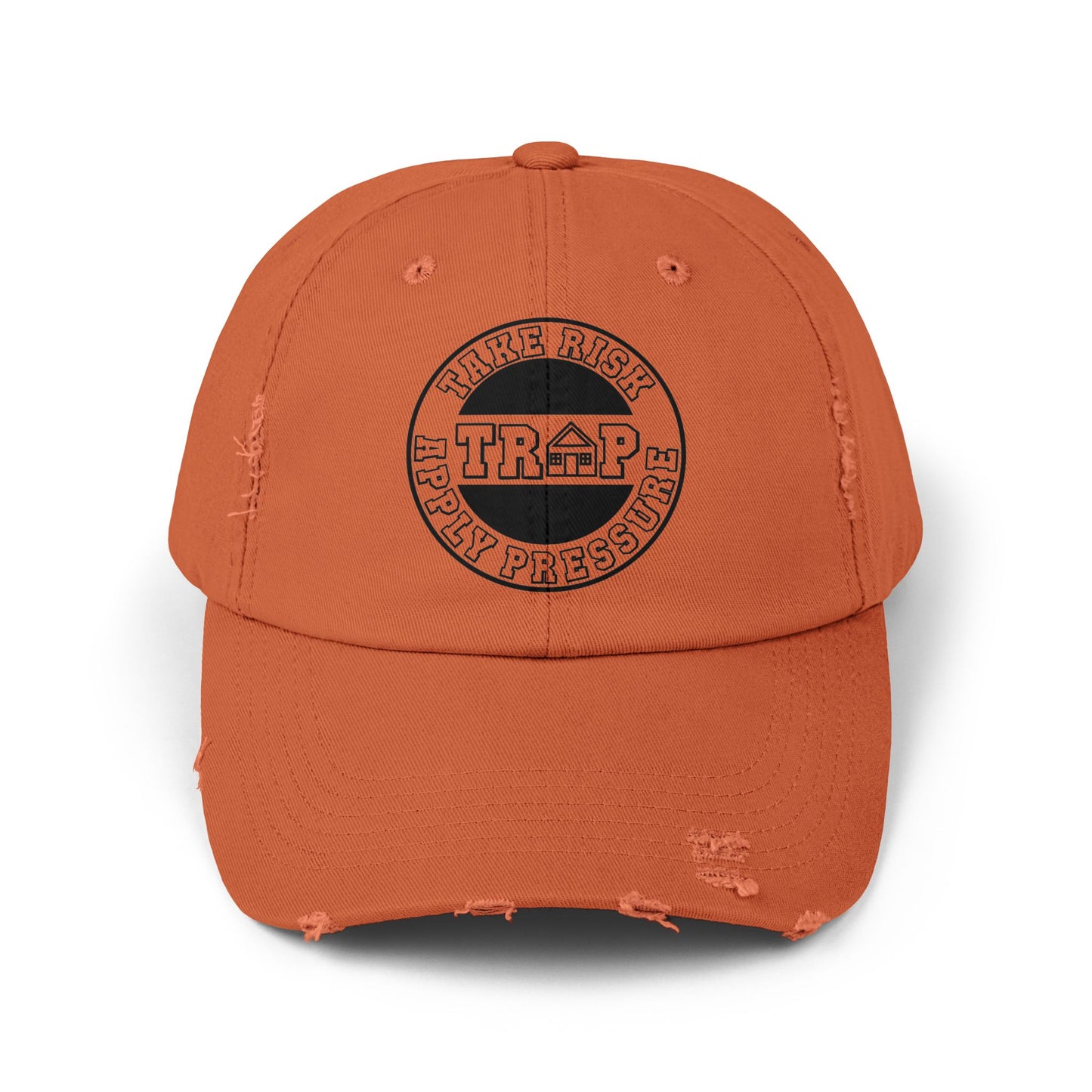 Distressed Black Dad Cap — Subtle 'Trap' Stamp Logo