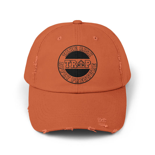 Distressed Black Dad Cap — Subtle 'Trap' Stamp Logo