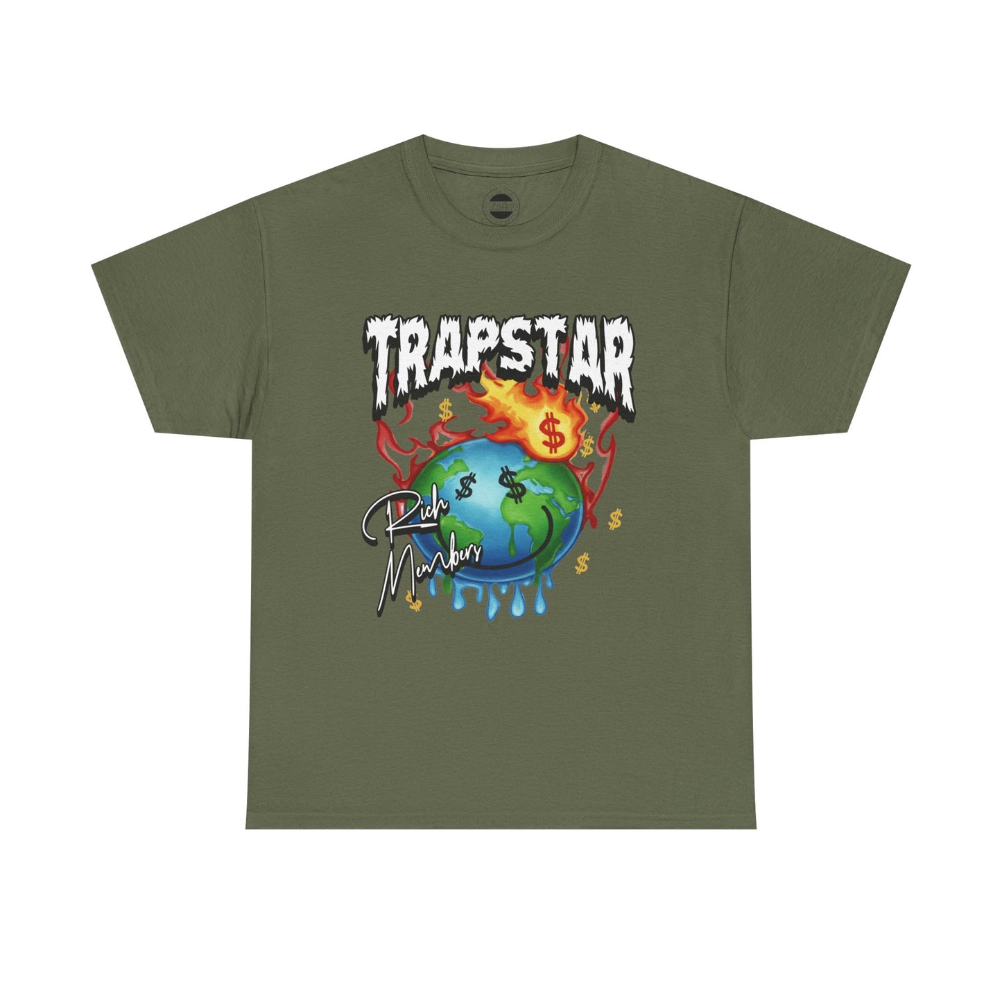 Trapstar "World Full of Money" Graphic Tee — Streetwear Earth & Flame Design
