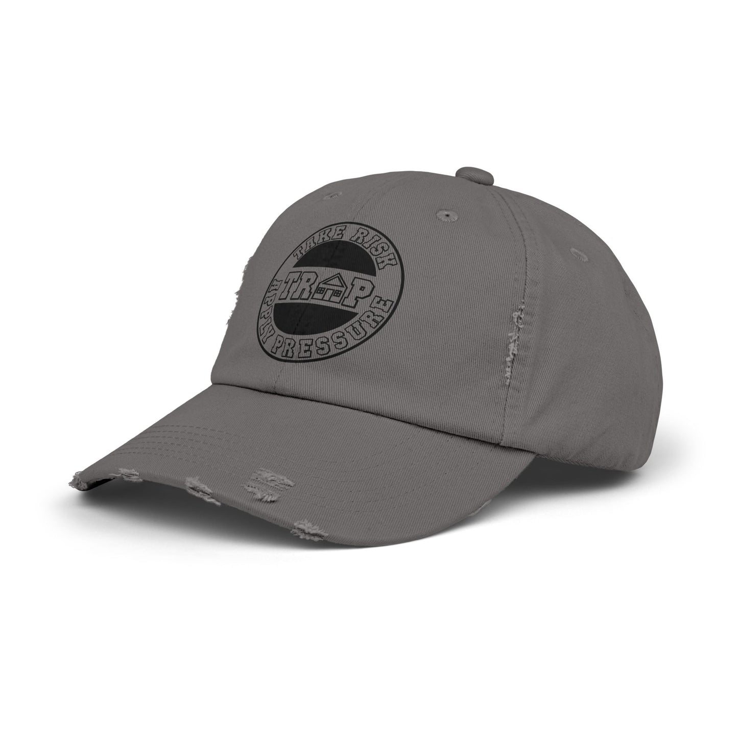 Distressed Black Dad Cap — Subtle 'Trap' Stamp Logo