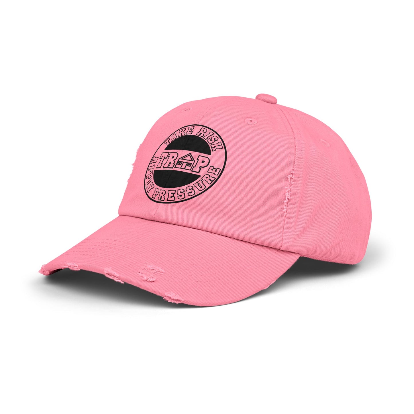 Distressed Black Dad Cap — Subtle 'Trap' Stamp Logo
