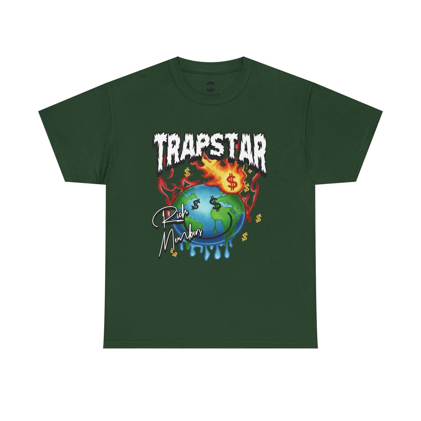 Trapstar "World Full of Money" Graphic Tee — Streetwear Earth & Flame Design