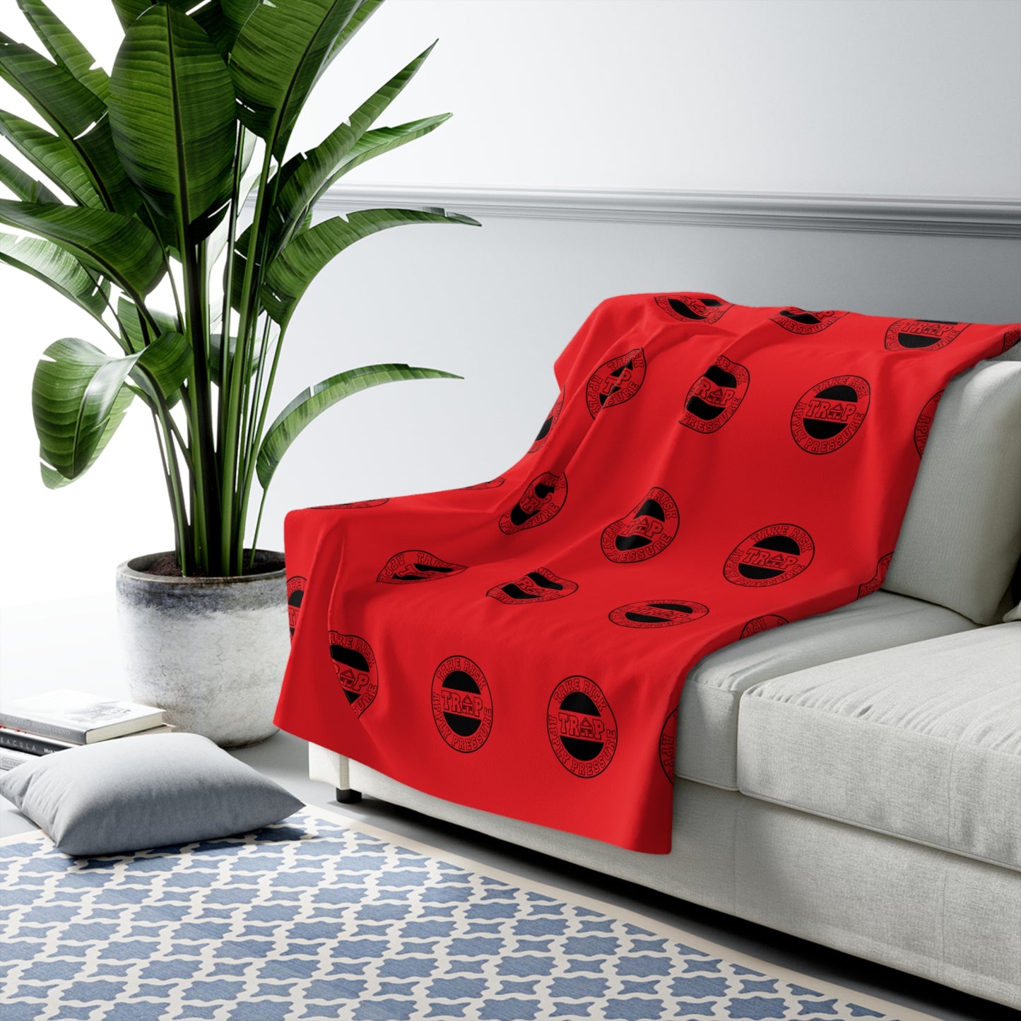 Sherpa Fleece Blanket - Red Patterned Cozy Throw with Black Emblem Motif