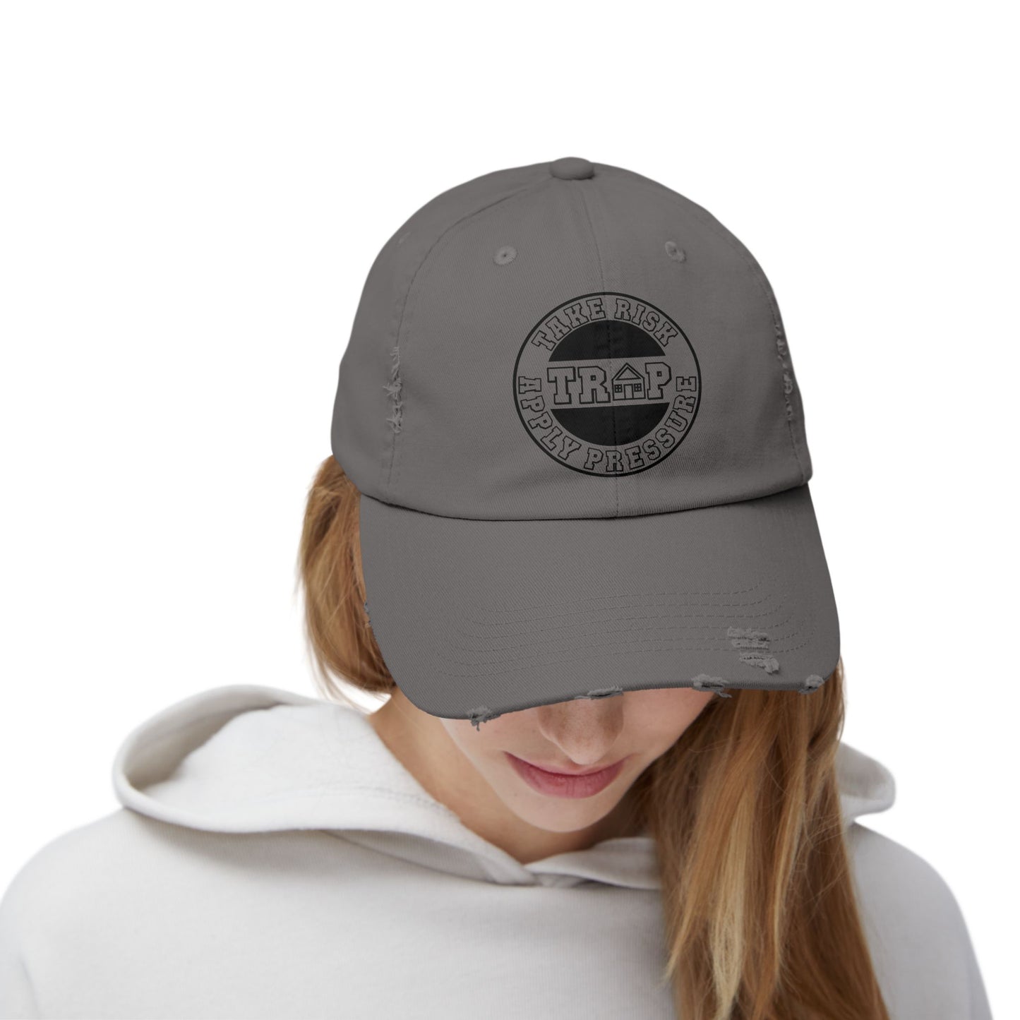 Distressed Black Dad Cap — Subtle 'Trap' Stamp Logo