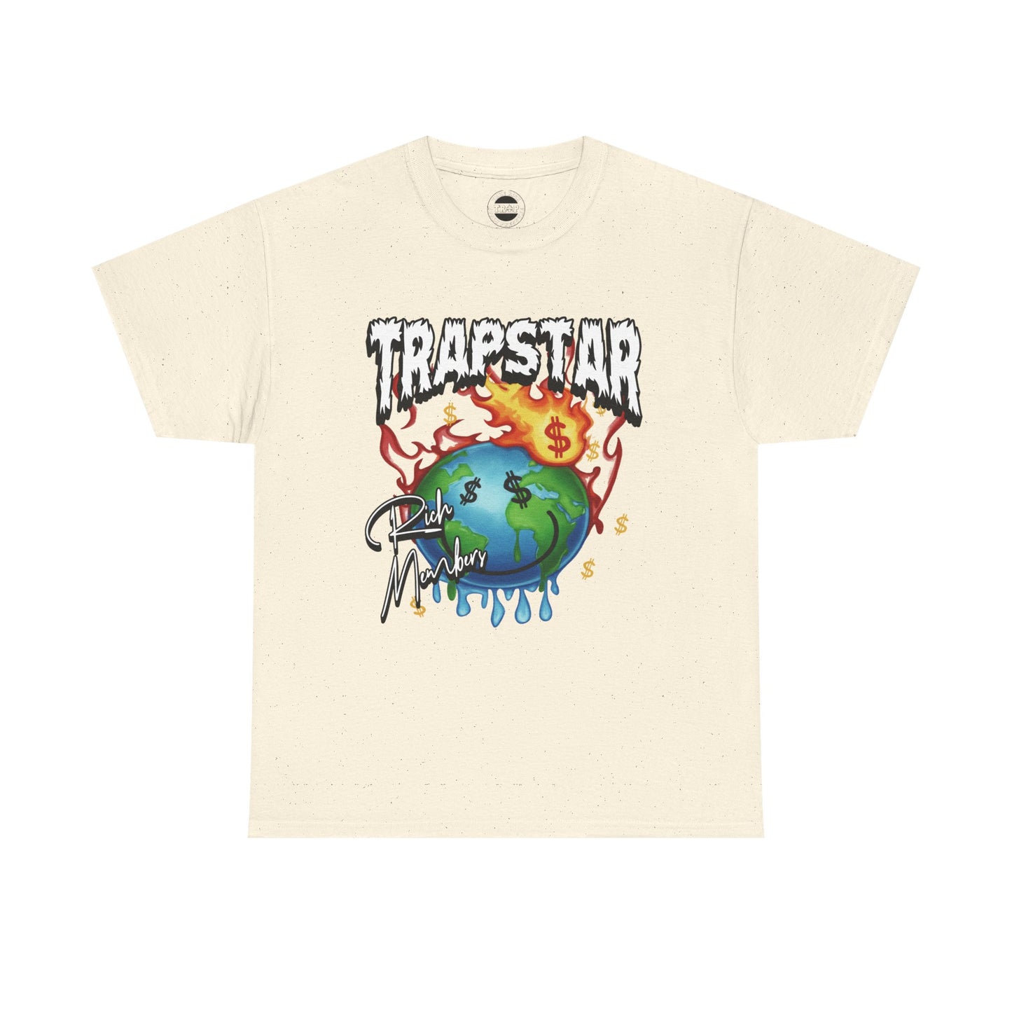 Trapstar "World Full of Money" Graphic Tee — Streetwear Earth & Flame Design