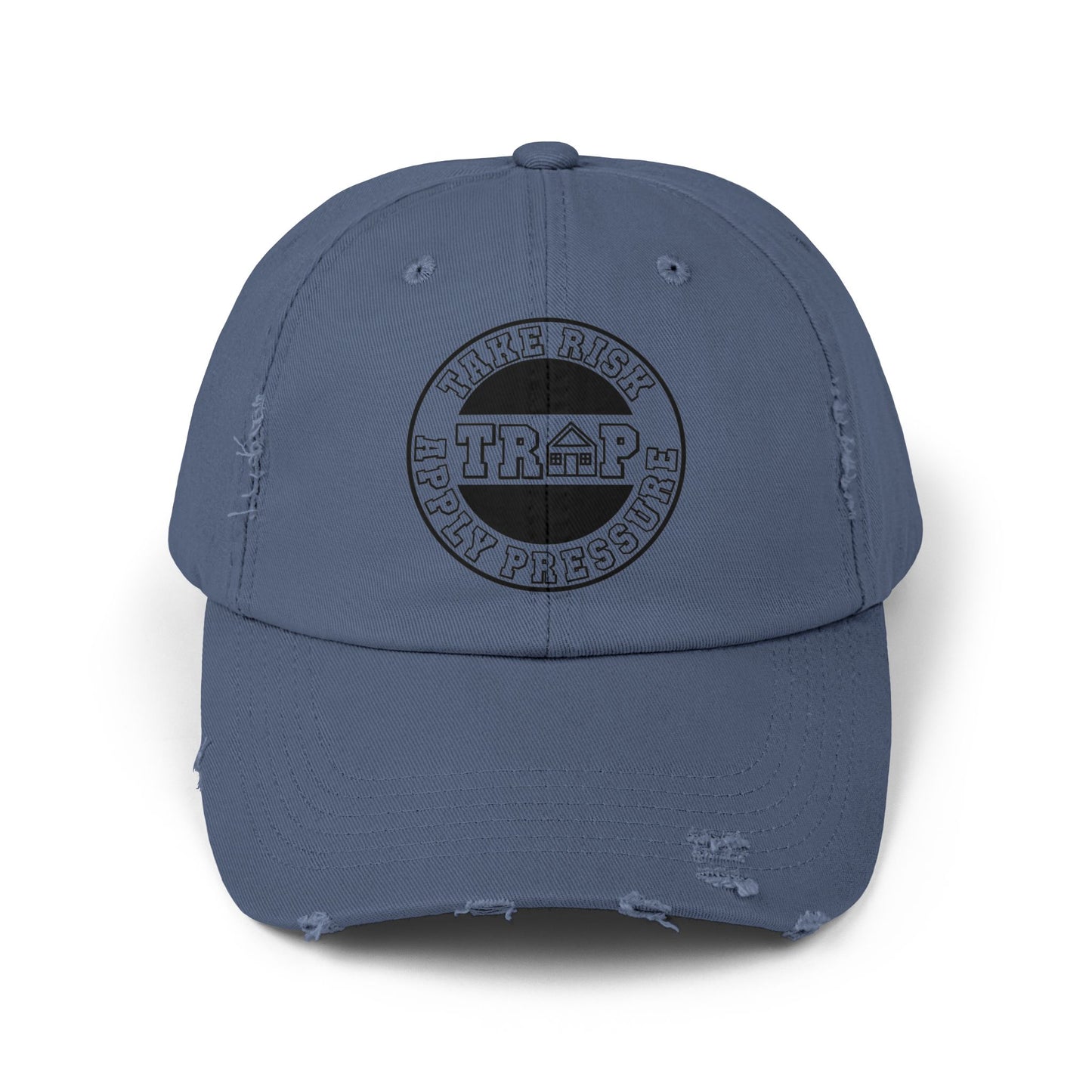 Distressed Black Dad Cap — Subtle 'Trap' Stamp Logo