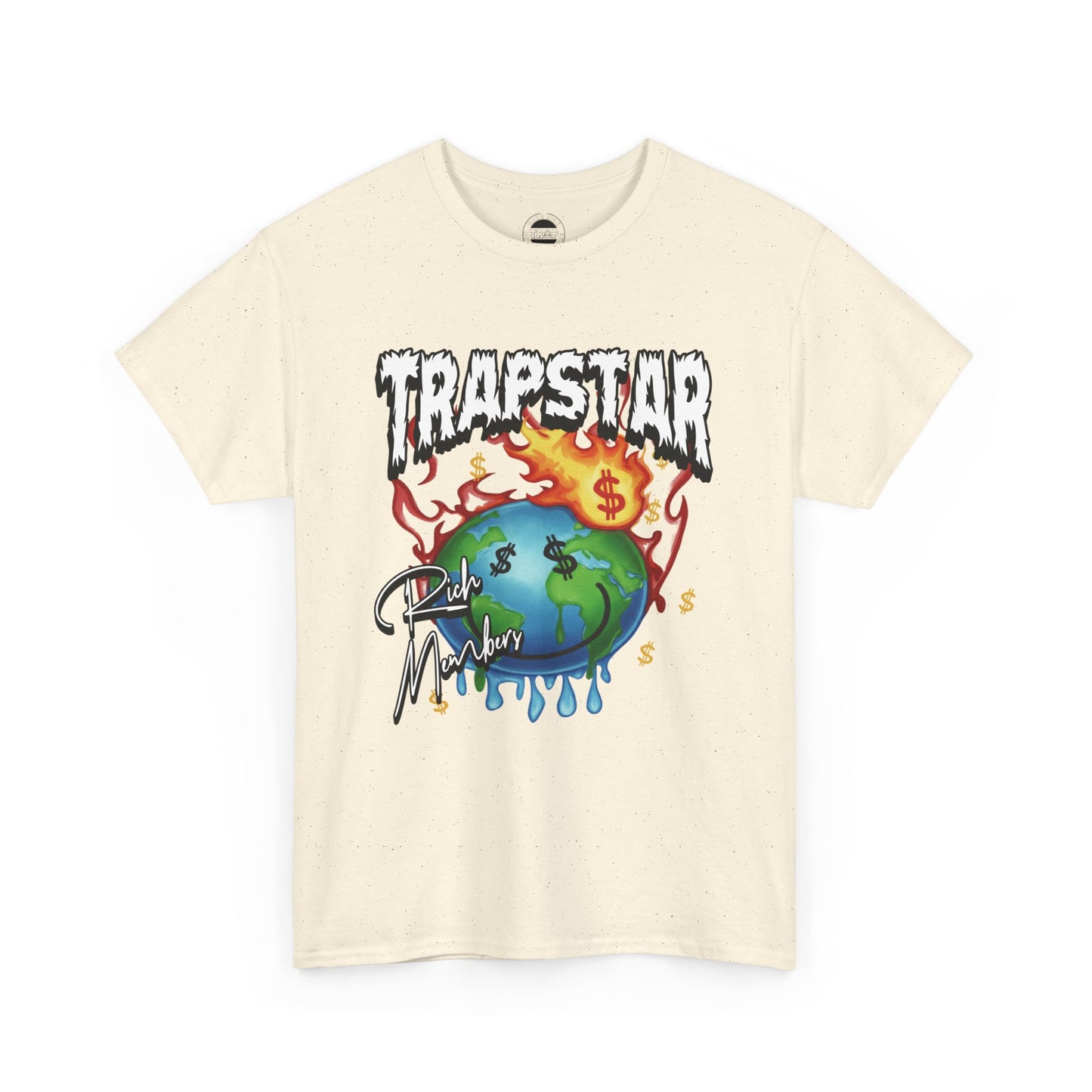 Trapstar "World Full of Money" Graphic Tee — Streetwear Earth & Flame Design