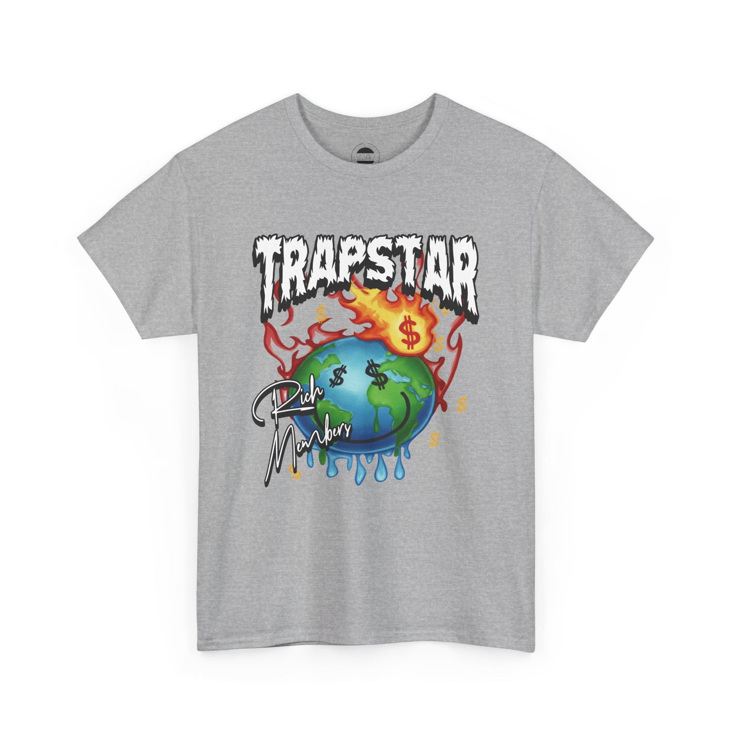 Trapstar "World Full of Money" Graphic Tee — Streetwear Earth & Flame Design