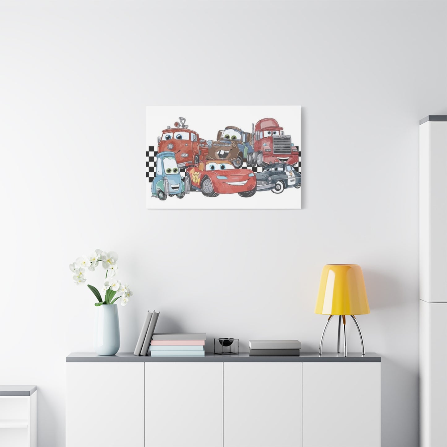 Kids Racing Cars Canvas Wall Art — Lightning McQueen & Friends Stretched Matte Print