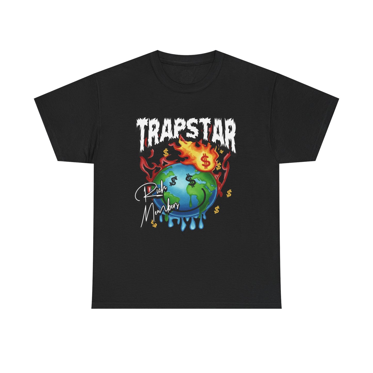 Trapstar "World Full of Money" Graphic Tee — Streetwear Earth & Flame Design