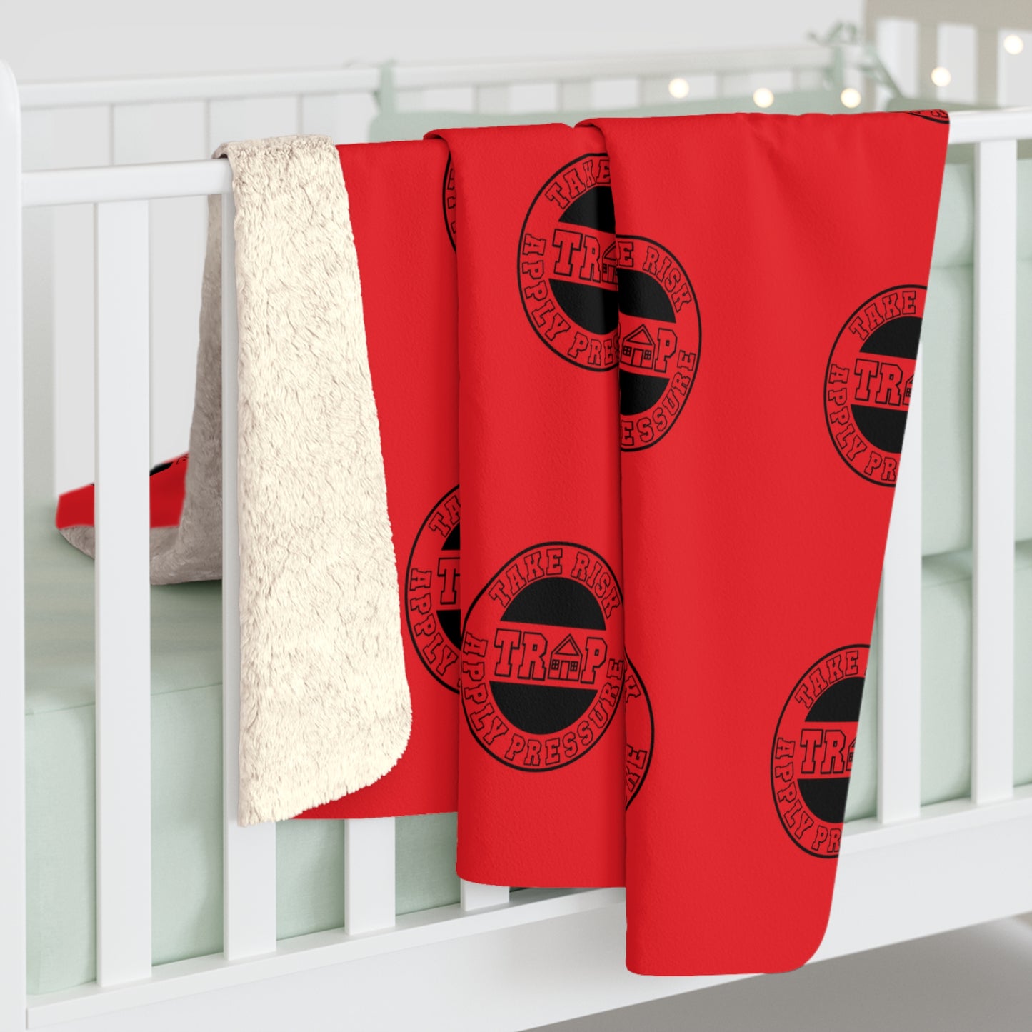 Sherpa Fleece Blanket - Red Patterned Cozy Throw with Black Emblem Motif