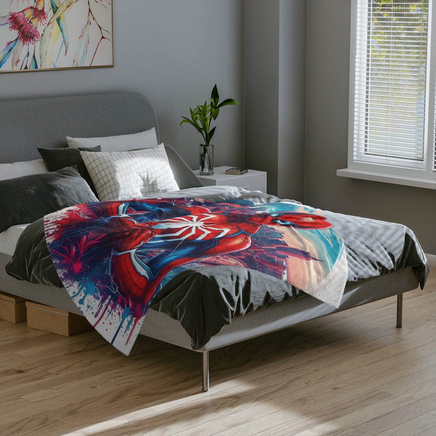 Spider Superhero Blanket – Vibrant Cityscape Velveteen Throw