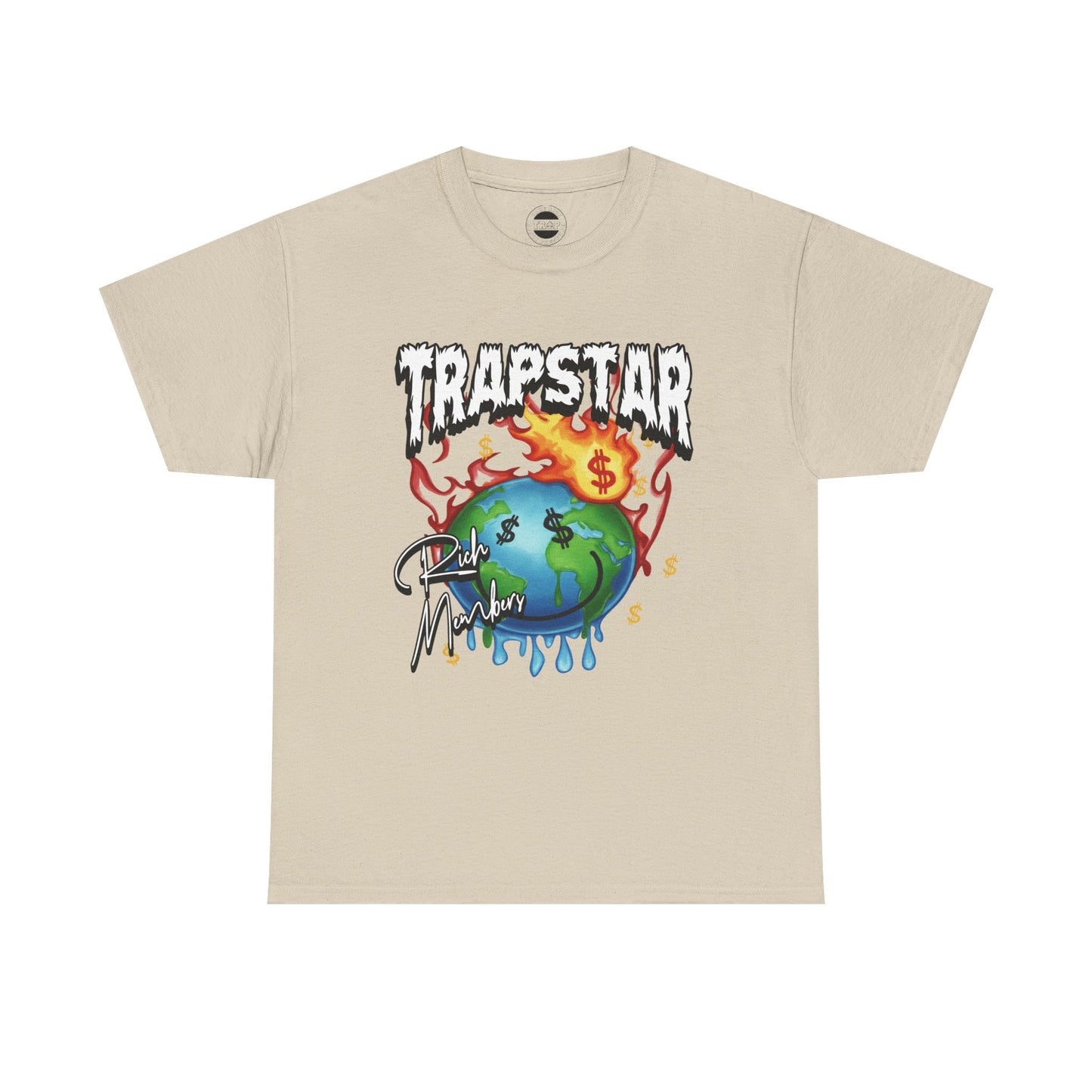 Trapstar "World Full of Money" Graphic Tee — Streetwear Earth & Flame Design