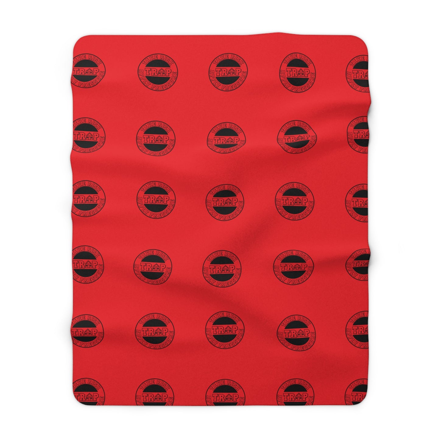 Sherpa Fleece Blanket - Red Patterned Cozy Throw with Black Emblem Motif