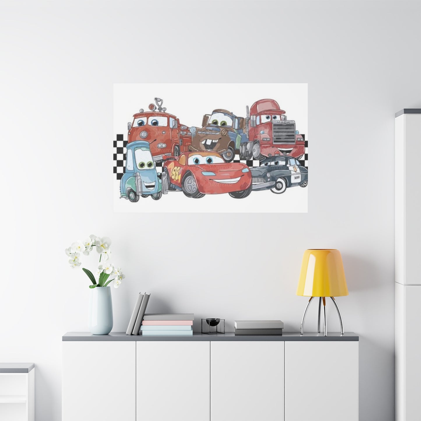 Kids Racing Cars Canvas Wall Art — Lightning McQueen & Friends Stretched Matte Print