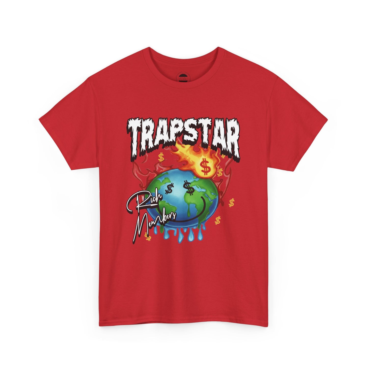 Trapstar "World Full of Money" Graphic Tee — Streetwear Earth & Flame Design