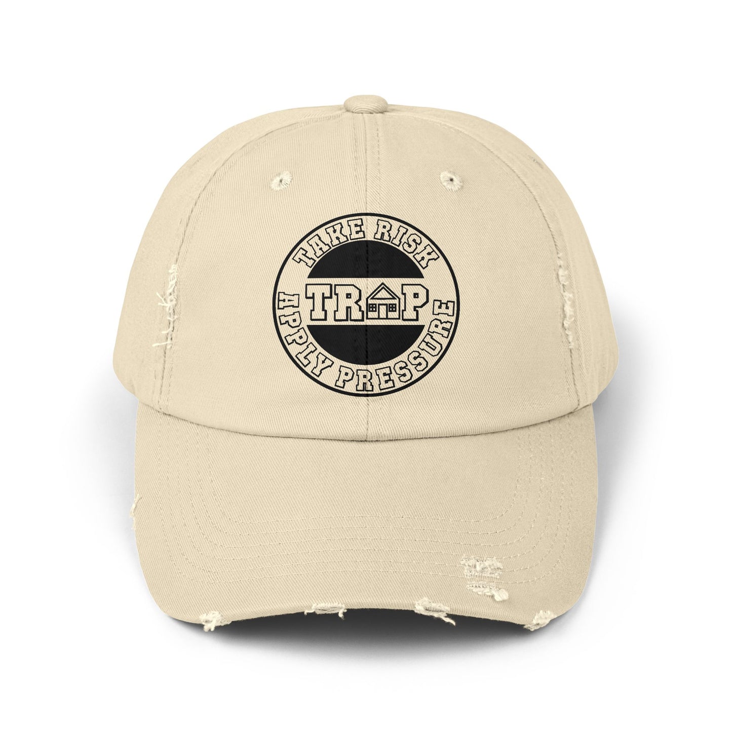 Distressed Black Dad Cap — Subtle 'Trap' Stamp Logo