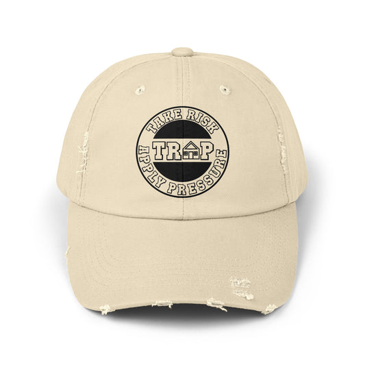 Distressed Black Dad Cap — Subtle 'Trap' Stamp Logo