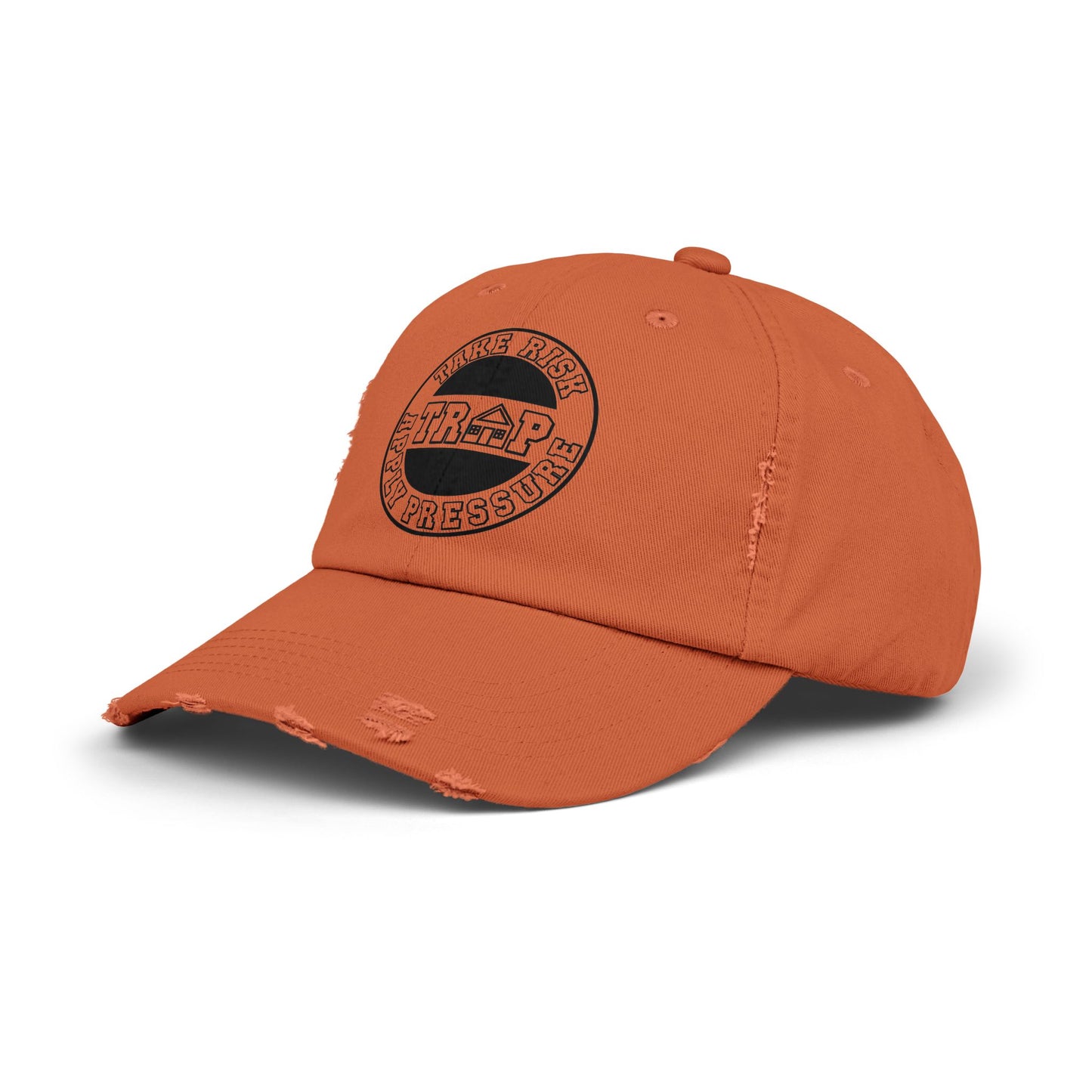 Distressed Black Dad Cap — Subtle 'Trap' Stamp Logo