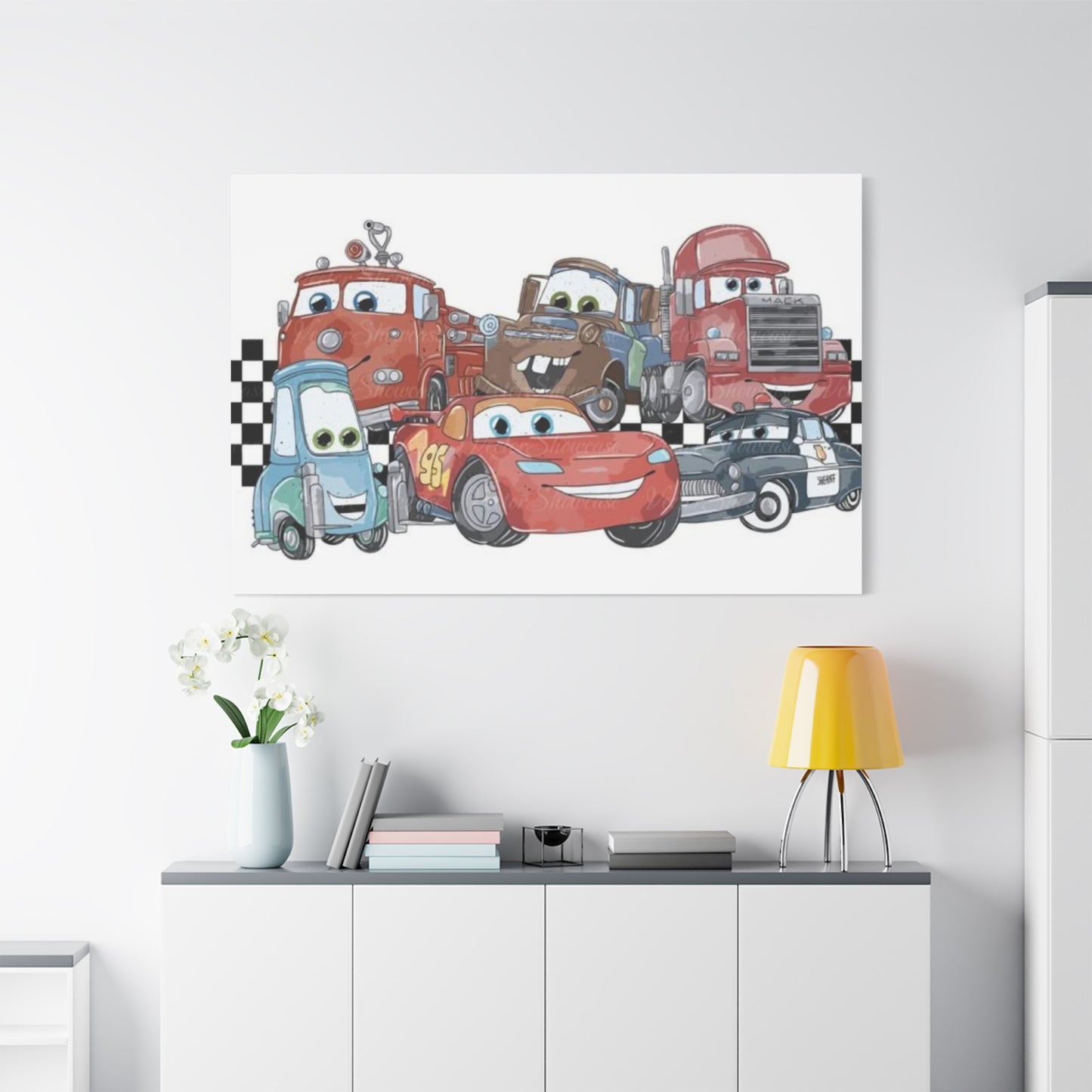 Kids Racing Cars Canvas Wall Art — Lightning McQueen & Friends Stretched Matte Print