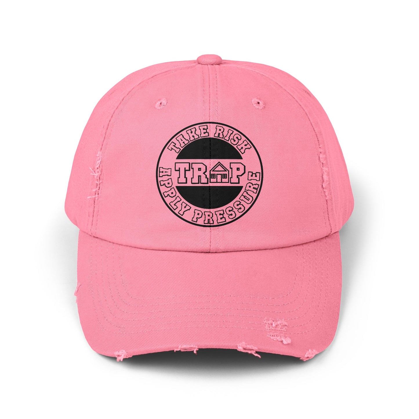 Distressed Black Dad Cap — Subtle 'Trap' Stamp Logo