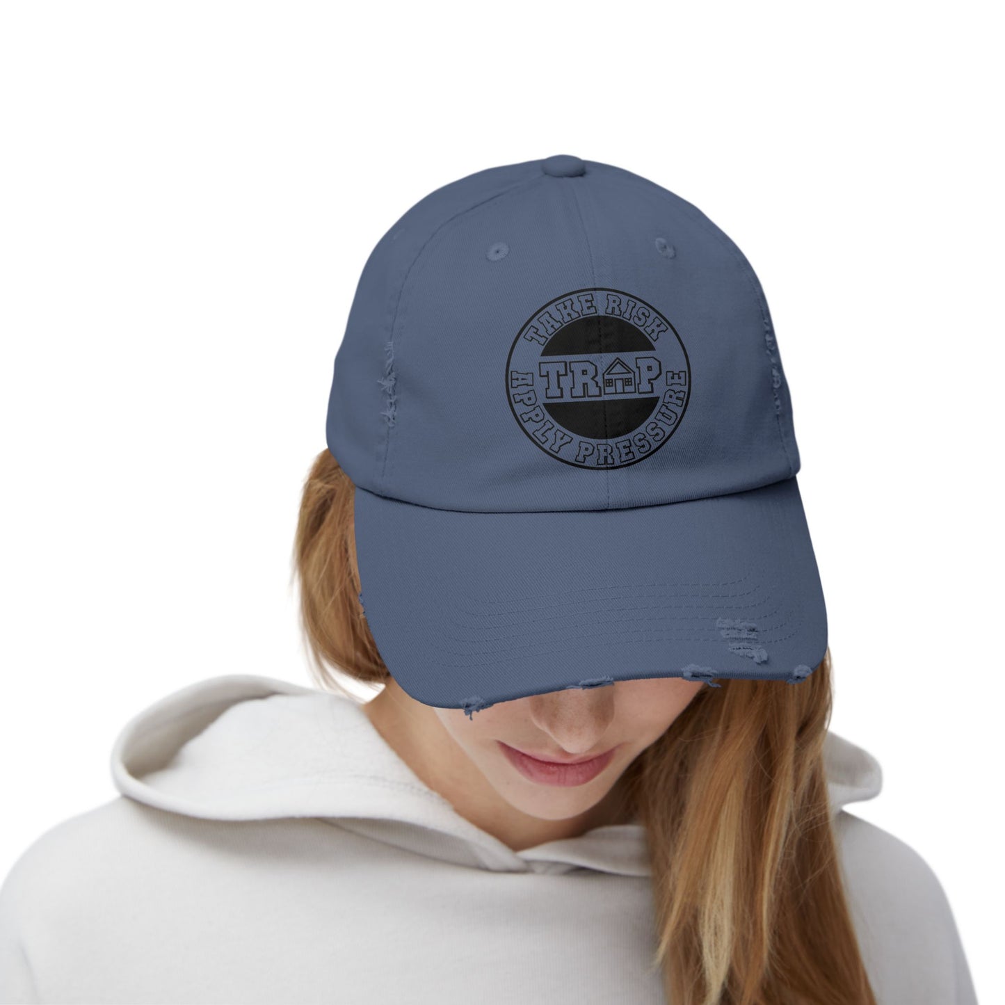 Distressed Black Dad Cap — Subtle 'Trap' Stamp Logo