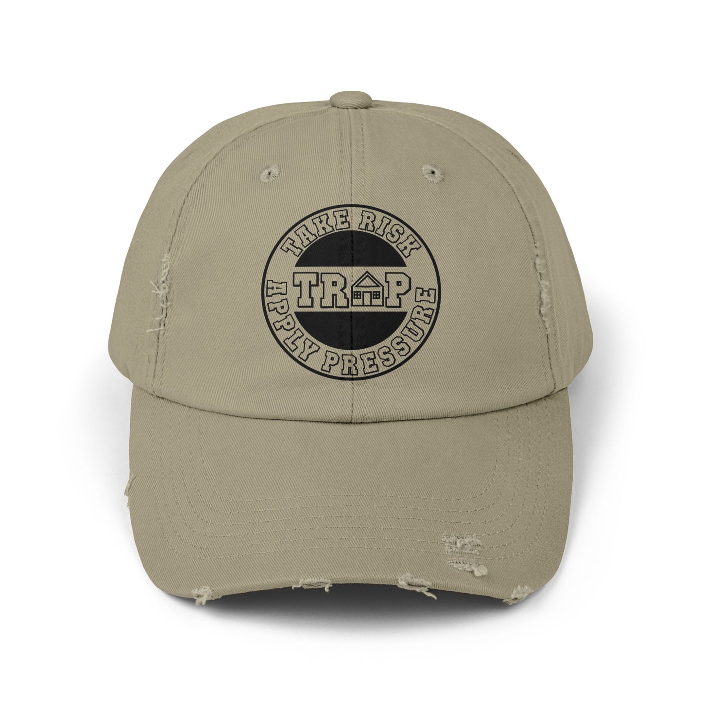 Distressed Black Dad Cap — Subtle 'Trap' Stamp Logo