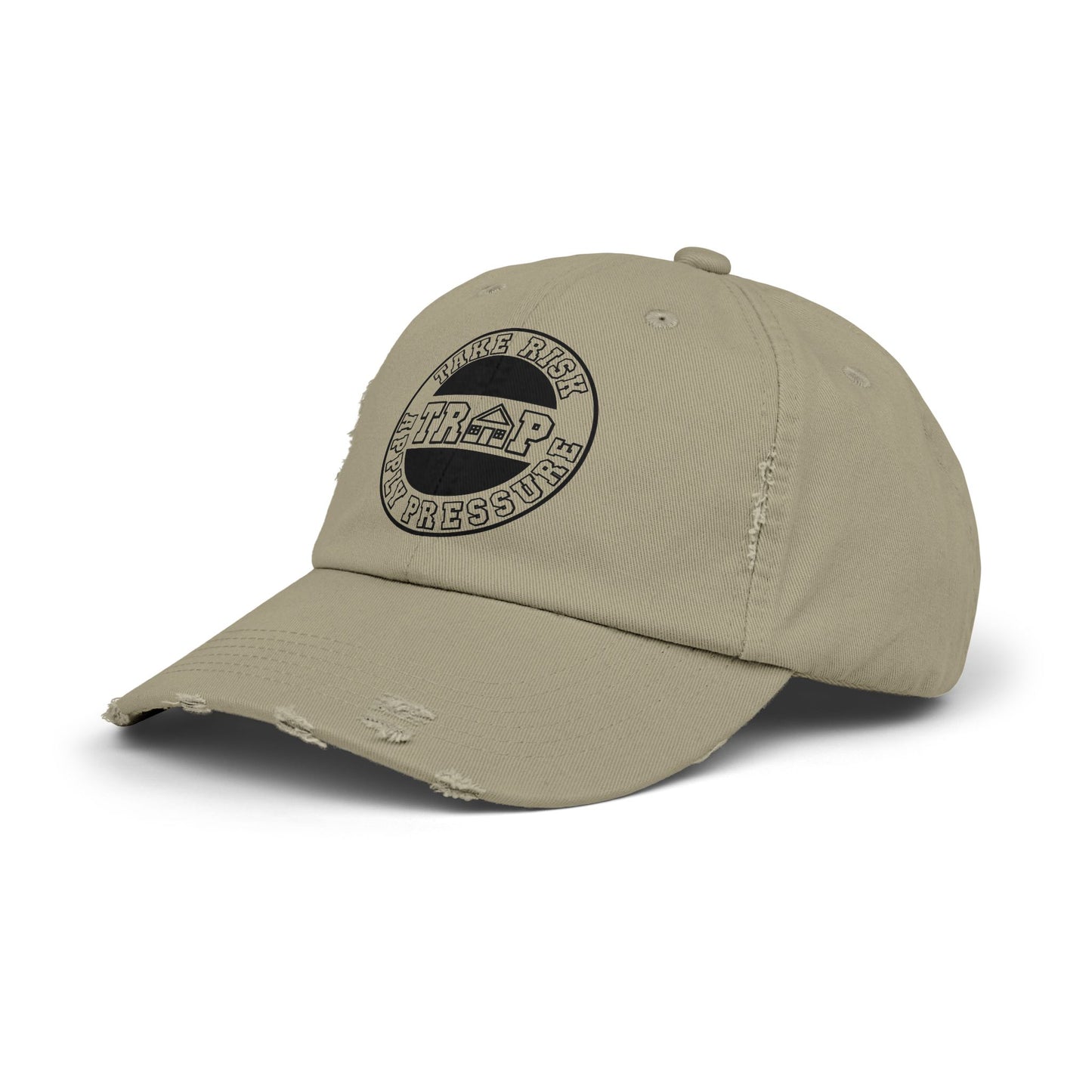 Distressed Black Dad Cap — Subtle 'Trap' Stamp Logo
