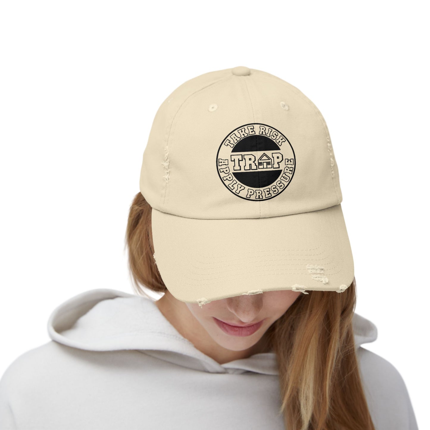 Distressed Black Dad Cap — Subtle 'Trap' Stamp Logo